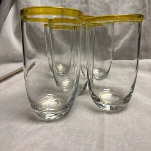 Five Mexican Hand-Blown Glassware Yellow Rim Tumblers